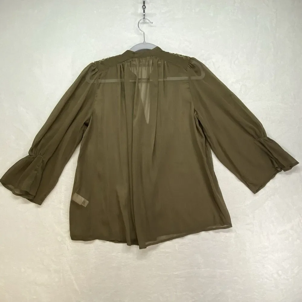 Lucky Brand Top Womens Small‎ Olive Green Embroidered Beaded Sheer Boho Blouse